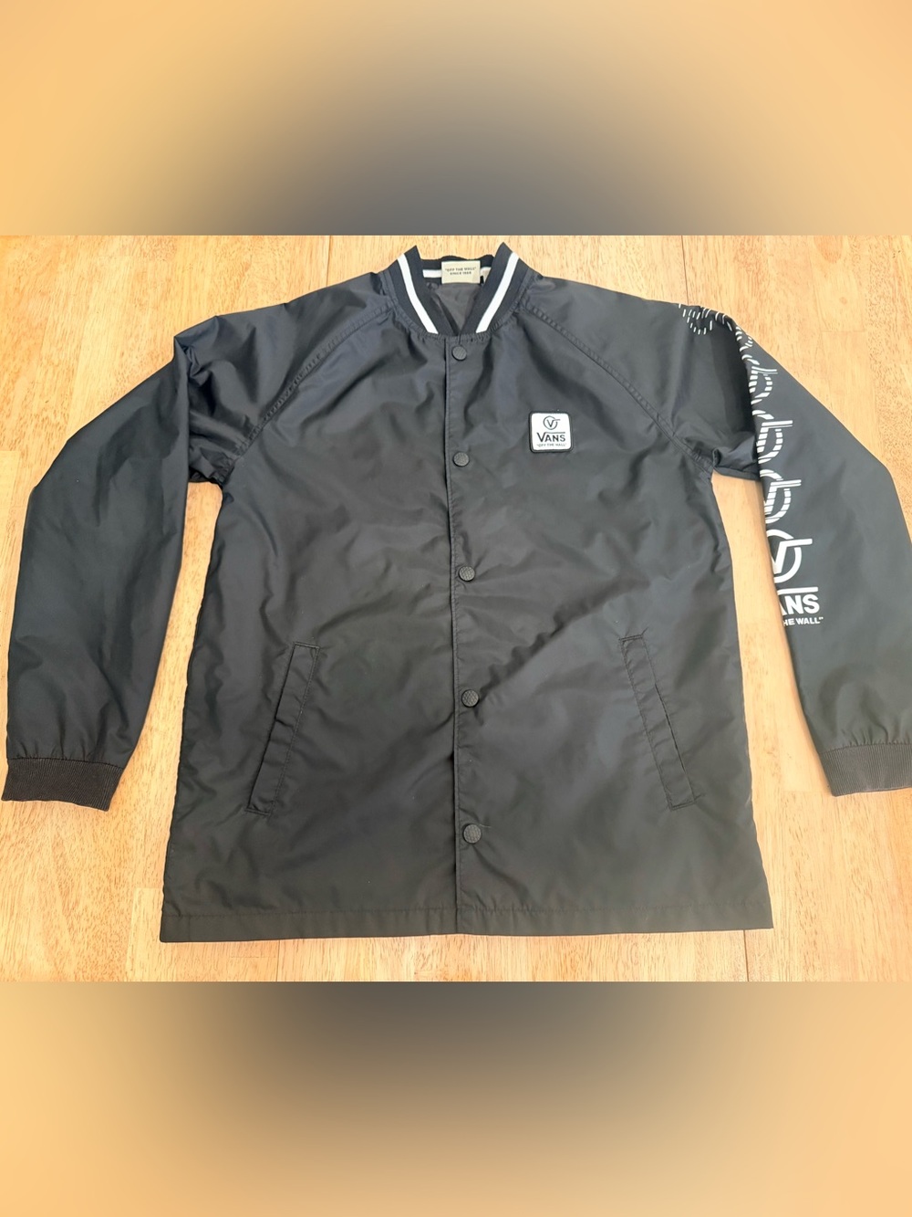 Vans Black Men's Bomber-Style Coach Jacket with Logo Sleeve